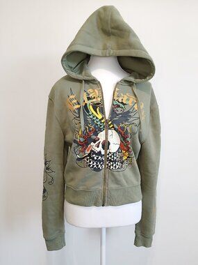 Ed Hardy Cobra Flame Zip Front Fleece Hoodie Size Medium